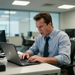 conan the barbarian portrayed by arnold schwarzenegger sitting at a desk, as an office worker, in an office, inside an office building, sitting at a desk, angrily shouting at a laptop, angry at laptop, laptop computer, computer trouble, technical difficulties, software error, crisp lighting, corporate photography