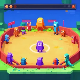 loading screen for a retro game showing low poly monsters in an arena, crazy colors