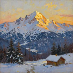 landscape painting of snowy mountains at sunset, beautiful painting, oil on canvas, golden hour, by Ewa Czarniecka, award winning masterpiece,