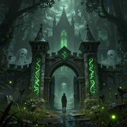by andrey surnov, a magic school cursed by ghosts was built on the underground river. green runes were carved on the gate of the school. there was a thin mist around the school, and many green fireflies were floating in the grass. mysterious style, strong atmosphere, using unreal engine 4, clear details