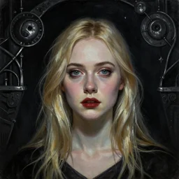 a striking esoteric painting of Elle Fanning, dark, metal, black background, occult, by Henry Fuseli Repro
