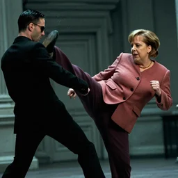 Dramatic action shot of Angela Merkel dodging kick from Neo in the matrix movie 1999