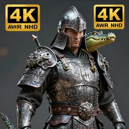 photo of a warrior with metal crocodile themed armour and helmet, highly detailed, 4 k, hdr, smooth, sharp focus, high resolution, award - winning photo