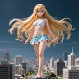 a giant macro very beautiful young yuuki asuna, full body, long wavy blond hair, sky blue eyes, full round face,, bikini, miniskirt, stepping on a miniature city, cinematic wallpaper by stanley artgerm lau