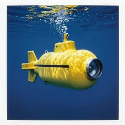 analog polaroid of a yellow submarine underwater, azure blue water, bubbles