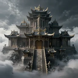 super realistic architecture, ancient luxurious palace, surrounded by clouds and mist, micro details, 3 d sculpture, structure, ray trace 4 k, frontal view, hyperdetailed, volumetric lighting, dark color palette, epic composition, bio futuristic design digital art, hyperrealistic photo, trending on artstation