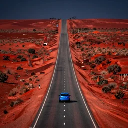 a long road in the red australian outbac | a lone blue car is seen driving away from the viewer