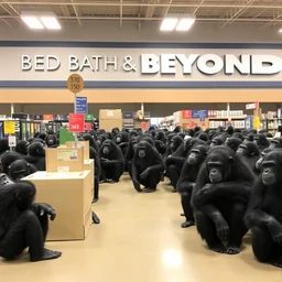 a large group of chimpanzees in a bed bath & beyond store