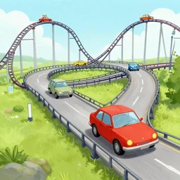 a future of cars driving on unsafe rollercoaster highways, a page from a where's wally? book