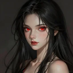 a beautiful girl with long black hair and red eyes, fantasy, sharp focus, intricate, digital painting, artstation, highly detailed, ambient lighting, portrait by Studio Ghibli, Rossdraws, artgerm, Ilya Kuvshinov, and Greg Rutkowski
