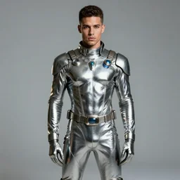 portrait davis taylor brown dressed in 1 9 8 1 space fantasy fashion, shiny metal