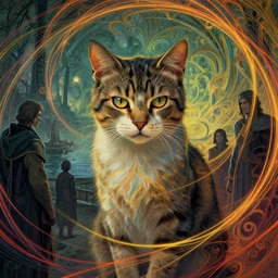 conceptual portrait of a cat looking contemptuously at people, the lord of the rings, gloomy harbor, concept art of matte painting, art nouveau, beautiful illumination, swirling bright color lines, fantastically tasteless, aesthetic octane rendering, 8 k hd resolution, ilya kuvshinov, kushart krent and gilleard james