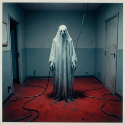 Creepy pale ghost surrounded by cables in dirty motel room, red devil carpet | cyanotype 70's scratched photo | Aesthetics of Silent Hill 2 game