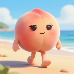 A peach with eyelashes and legs walking on the beach, digital art