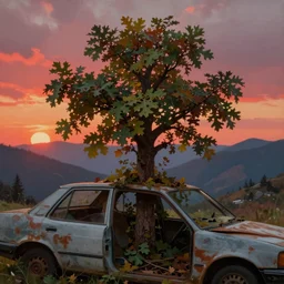 close up of a oak tree growing inside a scrap car. overgrown. a soft golden red sunset over the mountains in the background. clouds. hyperrealistic, highly detailed, cinematic, beautiful, cgsociety, artstation, 8 k, oil painting by greg rutkowski, by artgerm, by wlop