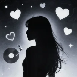 a silhouette of a long haired woman, outer space, hearts, album art,