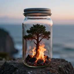 tree inside a glass jar, standing on a cliff, bokeh, ocean in the background, metal lid, dramatic lighting, ember, small flames, hyperrealistic, volumentric lighting, highly detailed