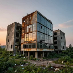 brutalist architecture by Le Corbusier, abandoned buildings, empty streetscapes, surrounded by lush green vegetation, stunning volumetric lighting, sunset, rusted steel, solid concrete, glass, stunning skies, scattered rubbish, 8k, photorealistic, hyper detailed, unreal engine 5, IMAX quality, cinematic quality, beautifully illustrated, sharp focus, minimal artifacts, in the style of DOOM, by Greg Rutkowski, trending on Artstation