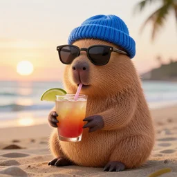 a photorealistic photograph of a knitted cute Capybara dressed in sunglasses and a blue beanie cap. The subject is sipping out of a refreshing Mai Tai drink at the beach during sunset. The image is Trending on Artstation, featured on Behance, well-rendered, fine detail, extra crisp image, Unreal Engine, 4K HD