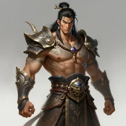a highly detailed illustration of serious long haired tattooed asian tribal warrior man, heroic pose, muscular, intricate, elegant, highly detailed, centered, digital painting, artstation, concept art, smooth, sharp focus, league of legends concept art, wlop.