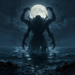 a digital painting of cthulu emerging from the sea in the distance, silhuette, back lighting, dramatic scene, detailed, night time, full moon, in the style of greg rutkowski