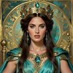 portrait of megan fox as a queen, throne, jewelry, greek, turquoise, intricate, headshot, highly detailed, digital painting, artstation, concept art, sharp focus, cinematic lighting, illustration, art by artgerm and greg rutkowski, alphonse mucha, cgsociety