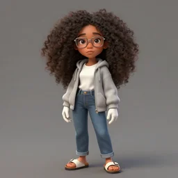 A beautiful Woman with #E0A37A Skin color, South East Asian with long, Puffy, Afro hair, Small Square Glasses, light grey hoodie opened, white T-Shirt, White gloves, Denim Jeans, Birkenstock sandals, Character art, Calarts, button eyes highly detailed, digital painting, artstation, concept art, sharp focus, unreal engine 5, art by alex ross and greg rutkowski and alphonse mucha