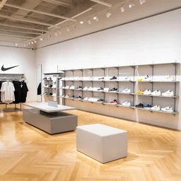 1 8 mm photograph atmospheric, realistic lighting, reflections, large nike boutique flagship retail. bright white walls. oak parquet floor. display tables with shoes and clothes. low ceilings with downlights and spots. white corian and oak furniture. large digital screens on walls. verdant plants