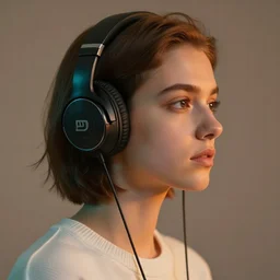 hyperrealistic precisionist cinematic profile. girl looking to the right, wearing beats headphones. short brown hair, white jumper. lit from the right side, orange light, highly detailed face, digital art masterpiece, smooth eric zener cam de leon, dramatic pearlescent turquoise light on one side, low angle uhd 8 k, shallow depth of field, portrait photography