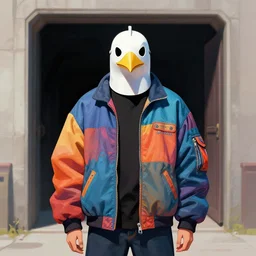 illustration of model in plastic bird mask wearing baggy colorful 9 0 s jacket, standing in front of portal by frank frazetta.