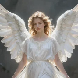 a beautiful portrait of an angel with beautiful face and her huge white wings spread out painted by gerhartz, highly detailed, beautiful, back lit, graceful and elegant, ethereal