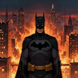 a highly detailed matte painting of batman and watching gotham city on fire by studio ghibli, makoto shinkai, by artgerm, by wlop, by greg rutkowski, volumetric lighting, octane render, 4 k resolution, trending on artstation, masterpiece