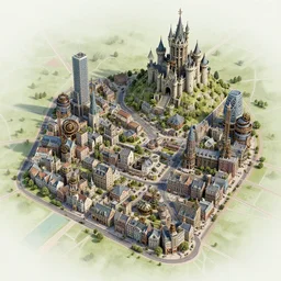 small victorian town map detailed digital art, hyper realistic, futuristic buildings, steampunk, castle
