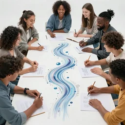 groups of happy humans hand painting detailed flow of beautiful digital objects, text morphing into objects, highly detailed, super realistic, perfect lighting pixel sorting, style sheet