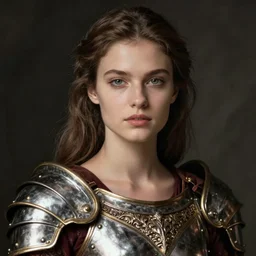 close - up portrait of beautiful model dressed gladiator with metallic armor, art by petrus christus and paolo roversi