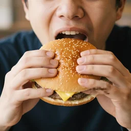 a person eating a very very big hamburger that don't even fit in his mouth