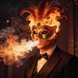 a man wearing a suit, wearing a flaming intricate ornate venetian carnival mask made of fire, breathing fire, emitting smoke and sparks, fantasy, cinematic, fine details by realistic shaded lighting poster by ilya kuvshinov katsuhiro otomo, magali villeneuve, artgerm, jeremy lipkin and michael garmash and rob rey