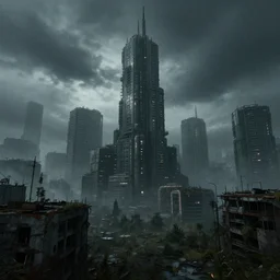 an abandoned dystopian cyberpunk city with a bad weather and foggy sky, award winning, trending on artstation, unreal engine