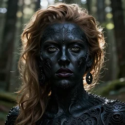 Beautiful black cannery , Looks like Scarlett Johansson, In the woods, Dramatic, Edge, Good, Infused, Backlight, De-Noise, VFX, insanely detailed and intricate, hypermaximalist, facial ,elegant, ornate, hyper realistic, super detailed, by Anthony Van Dyck, by Ivan Shishkin, by John Constable