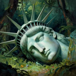 giant tatue of libertys head . head is lying sideways on the ground. the mystic jungle.by frazetta