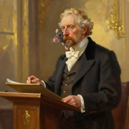 oil painting of a rat dressed as an english professor, giving a nobel prize lecture, digital art, artstation, cinematic, golden hour, digital art painting by greg rutkowski