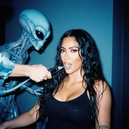 film still of kim kardashian being syphon fed by an alien, associated press, 2 6 mm, kodak ektachrome, blue tint expired film.