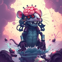 biomechanical king of rodents with gelatin brains, surrounded by poisonous micro water, pixiv fanbox, dramatic lighting, maximalist pastel color palette, splatter paint, pixar and disney concept, graphic novel by fiona staples and dustin nguyen, peter elson alan bean wangechi mutu, clean cel shaded vector art, on artstation