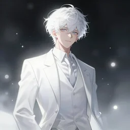 anime teen guy with short wavy white hair wearing white formal attire surrounded by light orbs, moody, wlop, concept art, digital painting, trending on artstation, highly detailed, epic composition, 8 k uhd