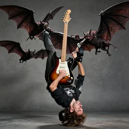 photo of eddie munson in the upsidedown playing electric guitar, giant demon bats trying to bite him
