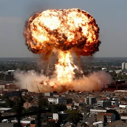 shockwave from a nuclear explosion destroying a town completely.