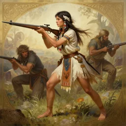 depiction of a battle ready barefoot native american girl hunting, d & d, fantasy, intricate, elegant, highly detailed, digital painting, artstation, concept art, smooth, sharp focus, illustration, art by artgerm and greg rutkowski and alphonse mucha