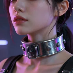 detailed realistic female character cyberpunk wearing thick steel collar around neck, realistic, art, beautiful, 4K, collar, choker, collar around neck, punk, artstation, detailed, female, woman, choker, cyberpunk, neon, punk, collar, choker, collar around neck, thick collar, choker around neck, wearing choker, wearing collar, face, beautiful,