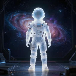 a form of light looking at you translucent with a snapshot of the universe in the background from'lost in space ( 2 0 1 8 ) ', frontal view, long shot, cinematic light, realistic shaded lighting cyberpunk futuristic, top artsation, 4 k, octane render width 5 1 2 - - height 7 6 8 - - steps 4 - - cfg _ scale 5