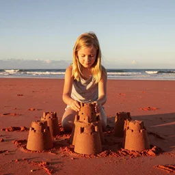 little blond girl, making a sandcastle!!! on an Australian Beach, red!!! sand, golden hour, Canon EOS R3, f/1.4, ISO 200, 1/160s, 8K, RAW, unedited, symmetrical balance, in-frame